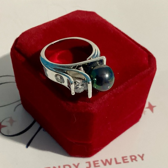 💋Gorgeous Sterling Silver Lux Black Rainbow Iridescent Tahitan Pearl & CZ ring - Picture 14 of 17